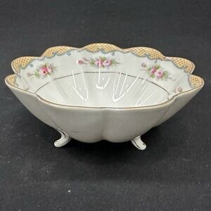 Antique Nippon Tri Footed Hand Painted 6" Bowl With Scalloped Edges
